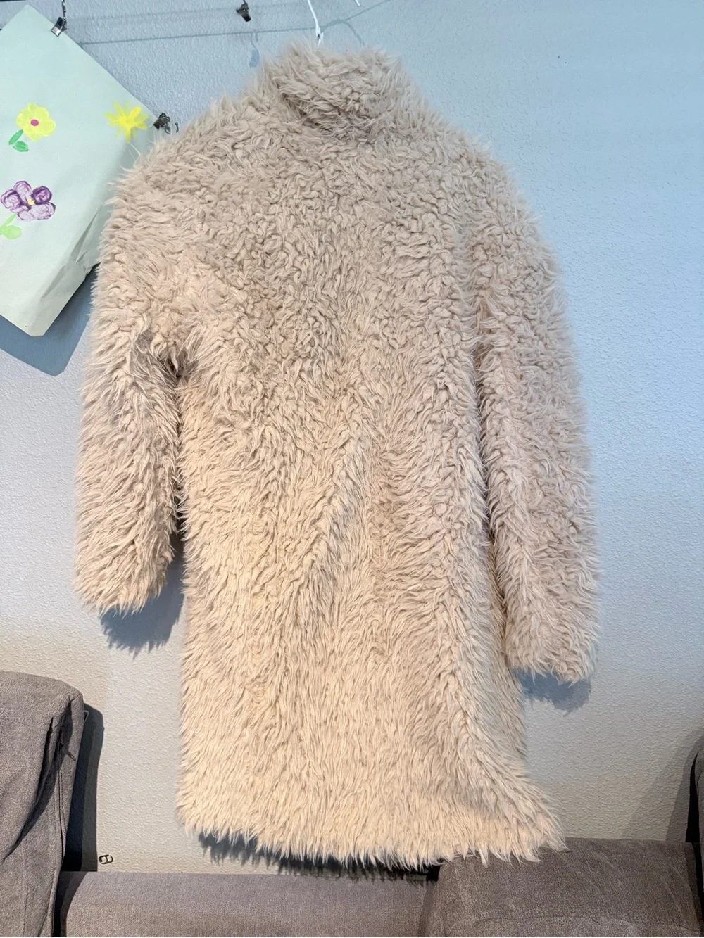 art class Cream Faux Fur Pea Coat for Kids